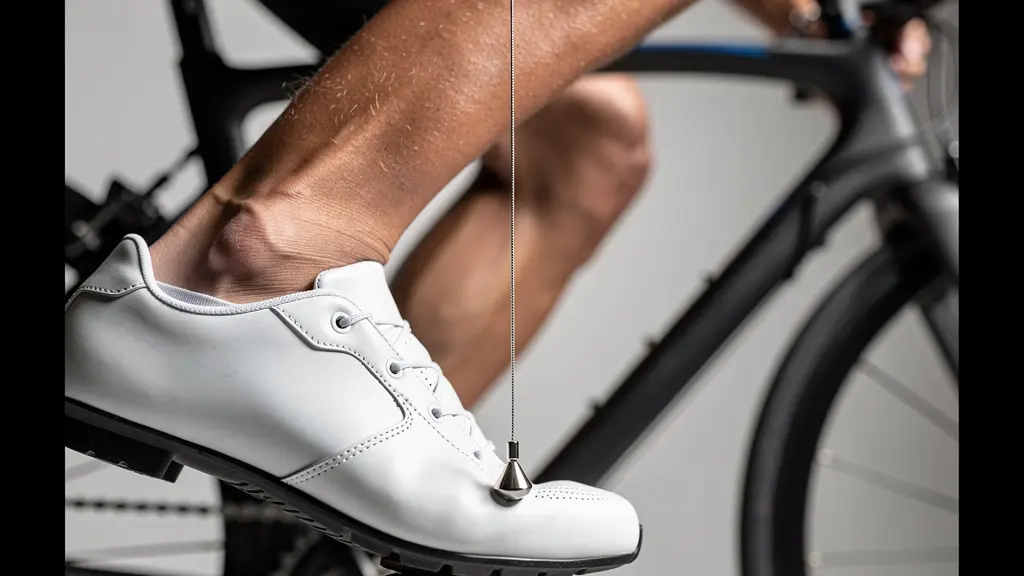 Cycliste vérifiant l'alignement du genou avec un fil à plomb depuis la rotule jusqu'à l'axe de pédale