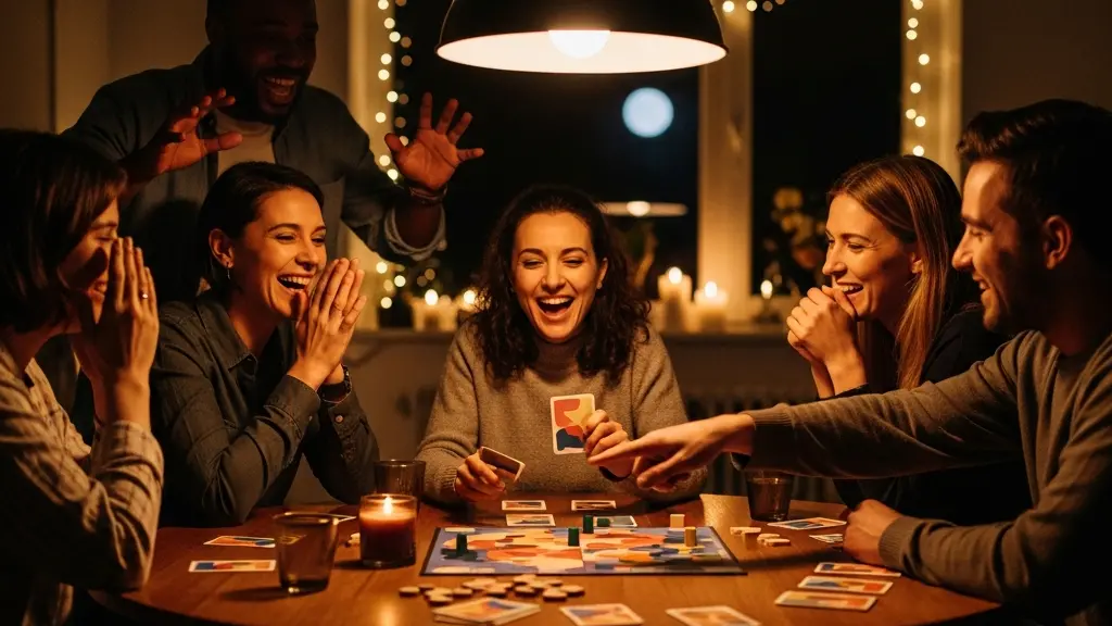 Six personnes assises autour d'une table de jeu éclairée par une lampe basse, exprimant des réactions de surprise et de rire en fin de soirée