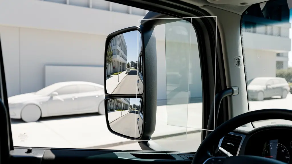 Vue de l'intérieur d'une cabine de camion montrant les zones aveugles latérales
