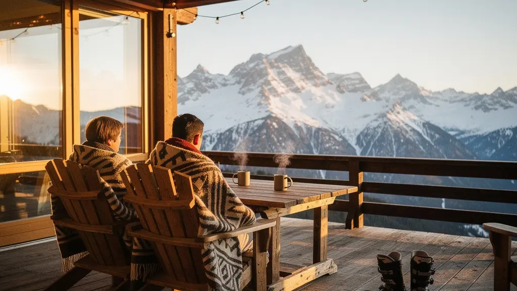 Skieurs se détendant dans un espace chaleureux de station de montagne après une journée sur les pistes, lumière dorée de fin d'après-midi