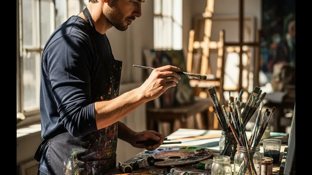 Artiste en train de peindre dans un atelier lumineux entouré de toiles et de matériel créatif