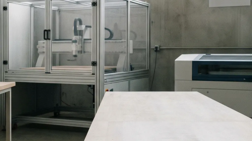 Vue large d'un atelier partagé avec une CNC et une découpeuse laser en arrière-plan, et une petite pièce de vélo en métal au premier plan sur un établi.