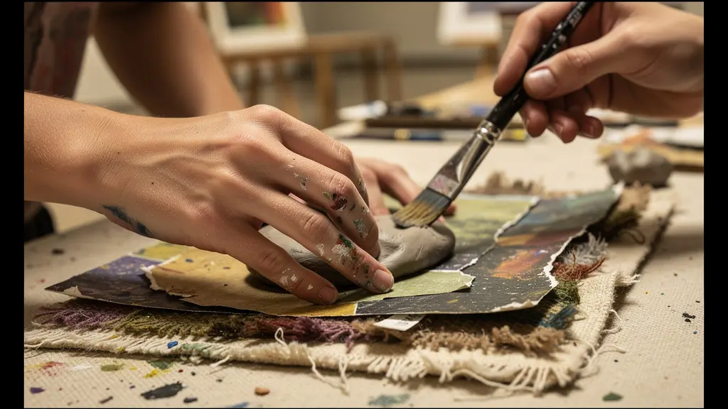 Adolescents concentrés dans un atelier de création artistique au musée, manipulant des matériaux colorés