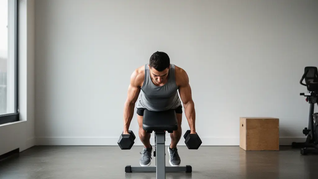 Athlète réalisant un rowing supporté sur banc incliné dans un environnement de salle de musculation épuré