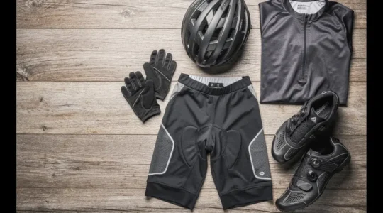 Équipement cycliste complet disposé de manière esthétique montrant les éléments essentiels pour débuter