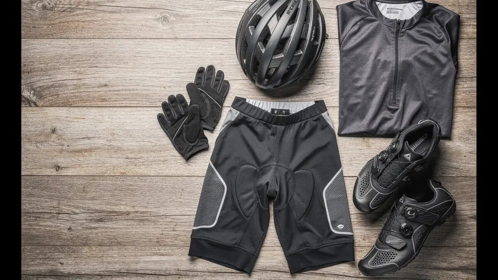 Équipement cycliste complet disposé de manière esthétique montrant les éléments essentiels pour débuter