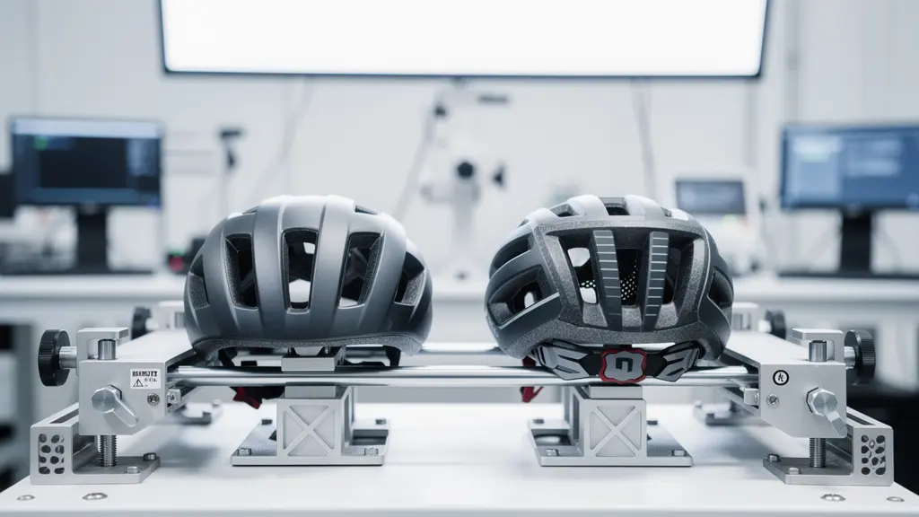 Comparaison de deux casques de vélo dans un laboratoire de test avec équipements de mesure d'impact