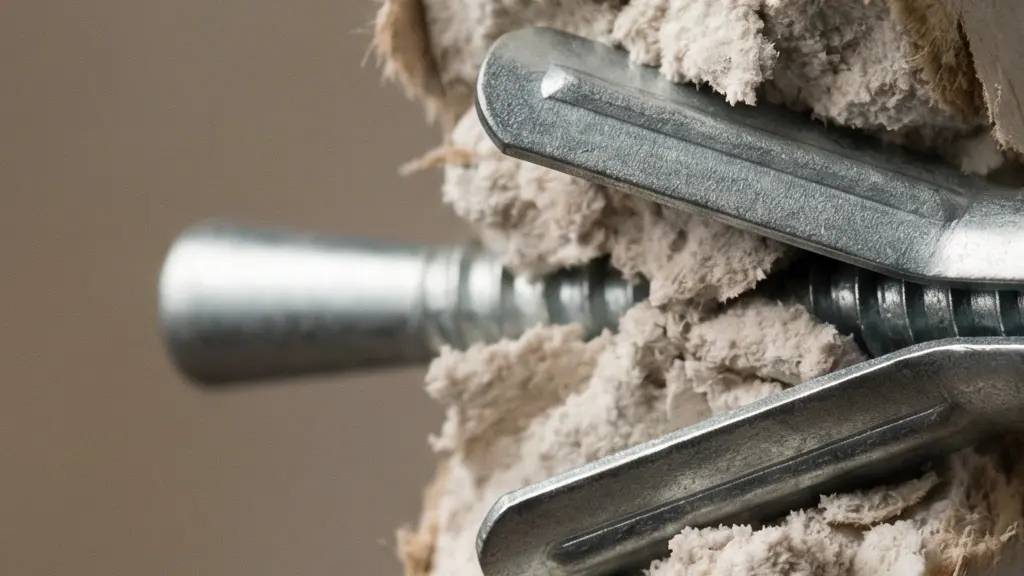 Gros plan d’une cheville métallique à expansion déployée derrière une plaque de plâtre, montrant l’appui arrière.