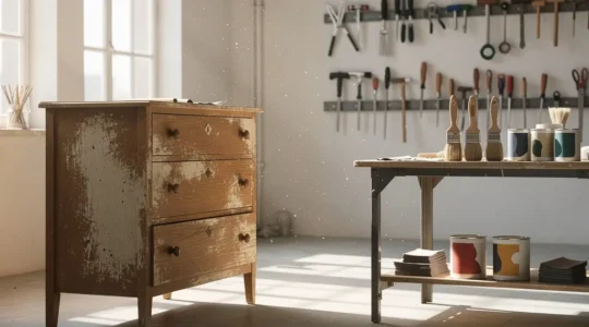 Commode ancienne en cours de transformation dans un atelier lumineux avec outils de rénovation