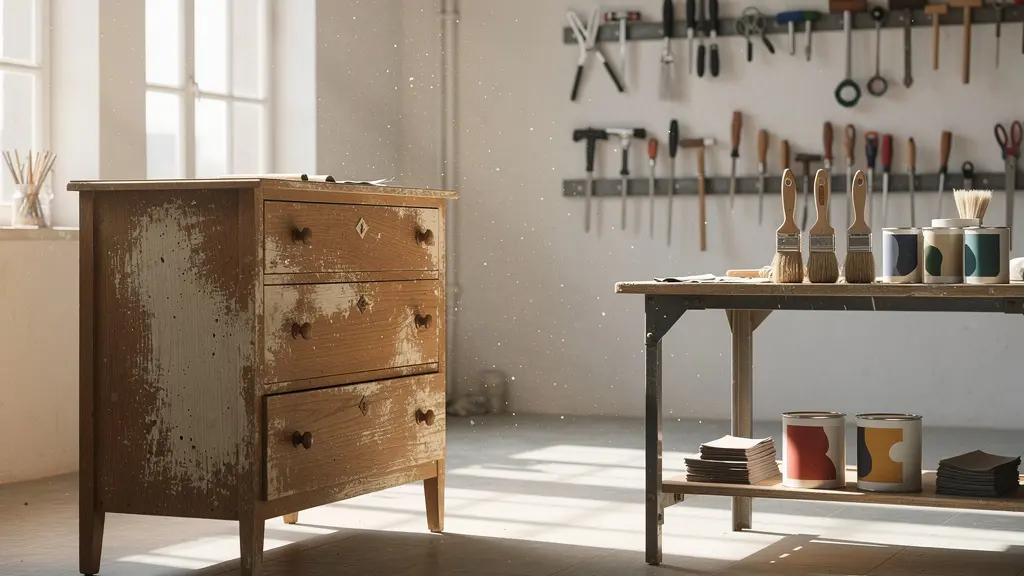 Commode ancienne en cours de transformation dans un atelier lumineux avec outils de rénovation