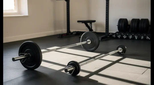 Comparaison visuelle entre une barre olympique et une barre standard dans un home gym aménagé