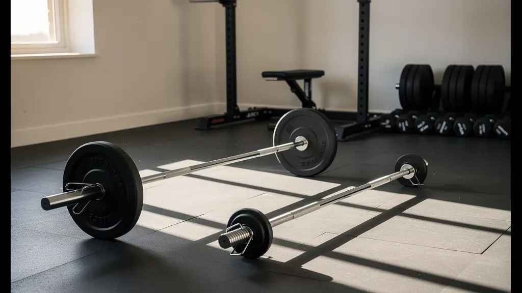 Comparaison visuelle entre une barre olympique et une barre standard dans un home gym aménagé