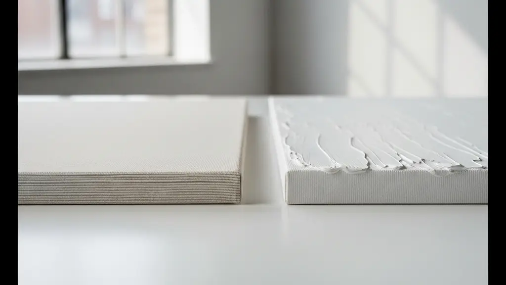 Vue latérale comparative de deux applications de peinture acrylique montrant la différence de texture