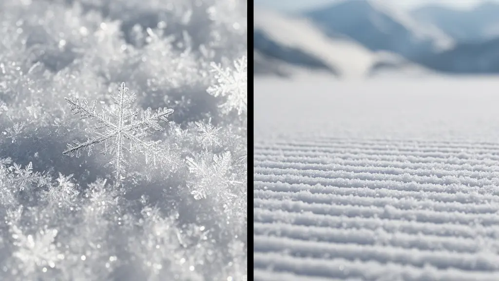 Comparaison visuelle entre neige naturelle en altitude et neige de culture sur piste damée