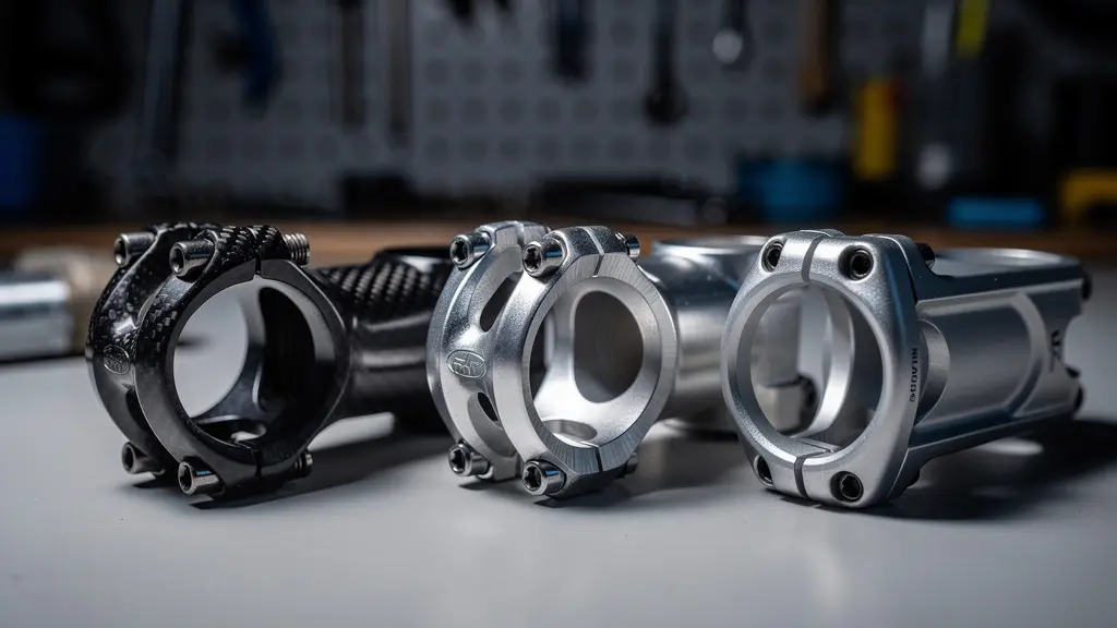 Vue macro détaillée de différentes potences de vélo avec angles variés