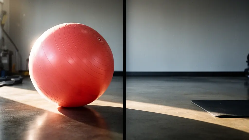 Composition symbolique montrant un Swiss Ball et le sol côte à côte, illustrant visuellement le concept de surfaces d'entraînement complémentaires pour le renforcement musculaire
