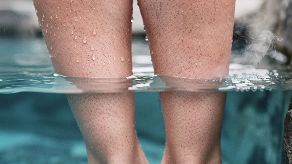 Gros plan sur des jambes de skieur immergées dans un bain froid avec de la vapeur visible, texture de la peau et gouttelettes d'eau