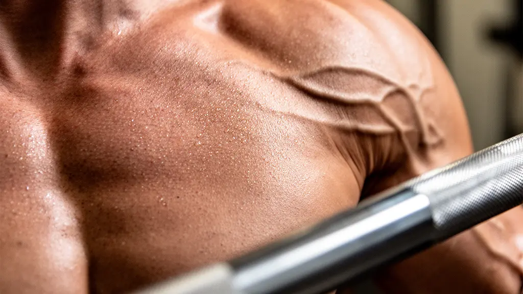 Gros plan macro sur une épaule musclée en position de développé incliné montrant la tension articulaire