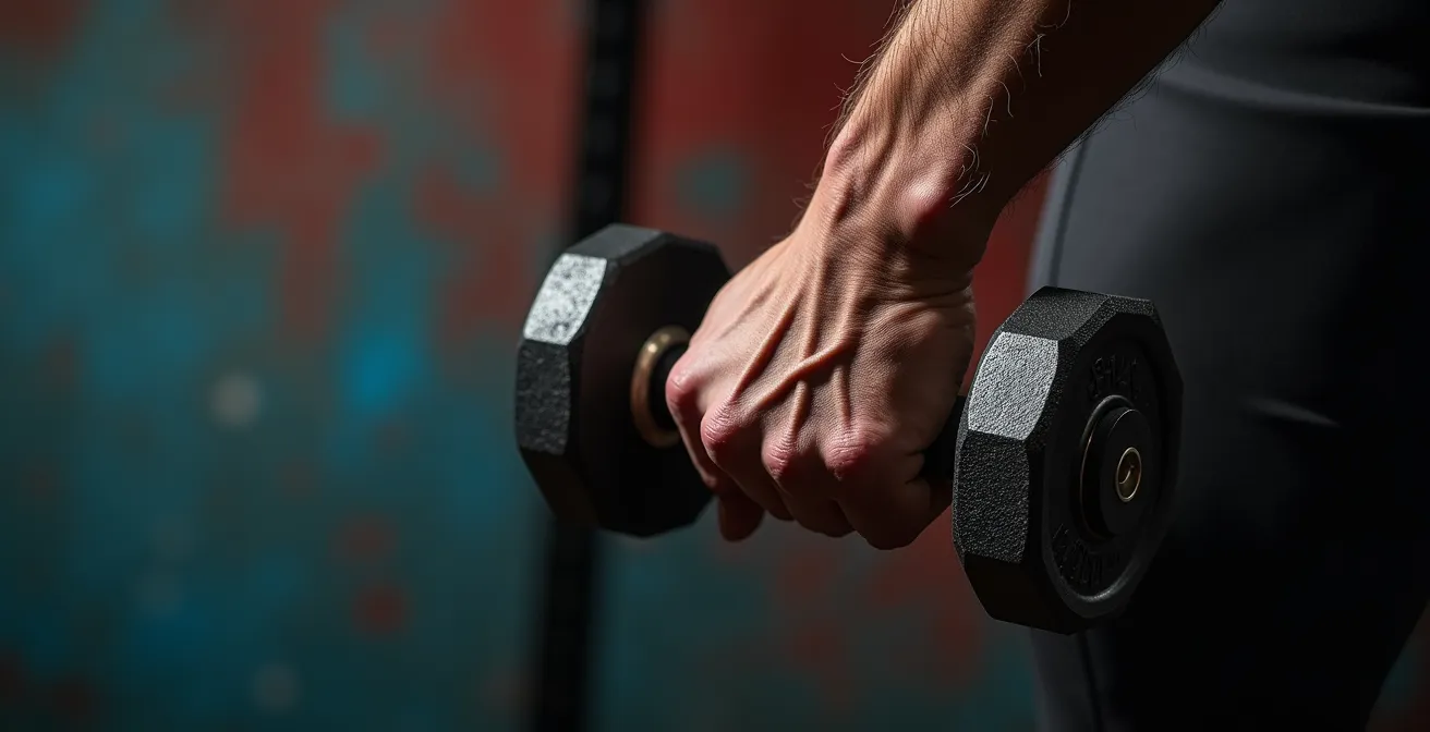 Gros plan macro sur un bras tenant un haltère avec détails des muscles et veines visibles, illustrant le travail unilatéral.