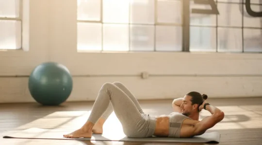 Personne réalisant un crunch sur tapis de sport dans un environnement lumineux et épuré, illustrant la technique abdominale sécurisée pour le périnée