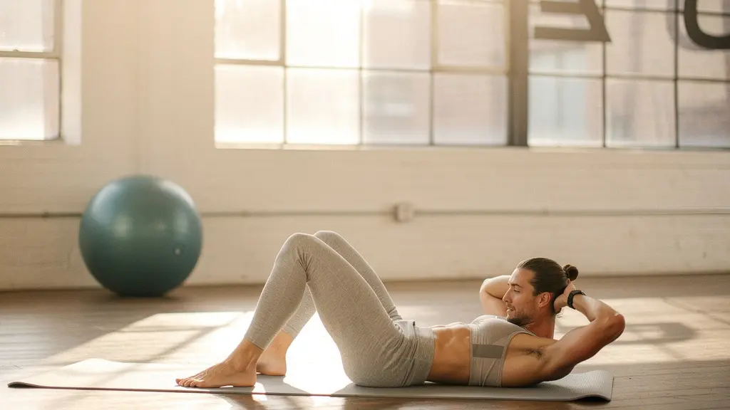 Personne réalisant un crunch sur tapis de sport dans un environnement lumineux et épuré, illustrant la technique abdominale sécurisée pour le périnée