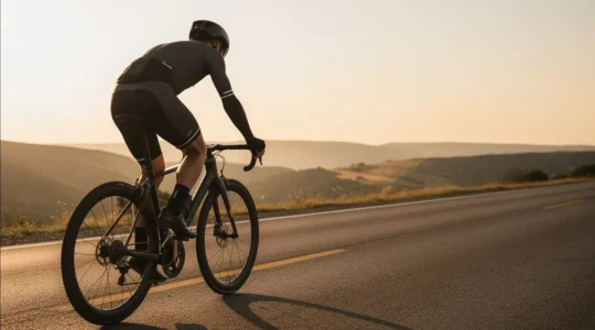 Cycliste amateur en position aérodynamique avec équipement moderne sur route