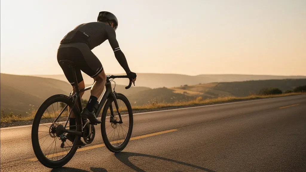 Cycliste amateur en position aérodynamique avec équipement moderne sur route