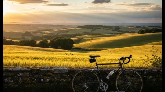 Cycliste arrêté au bord d'une route de campagne, peignant à l'aquarelle un paysage baigné d'une lumière dorée changeante