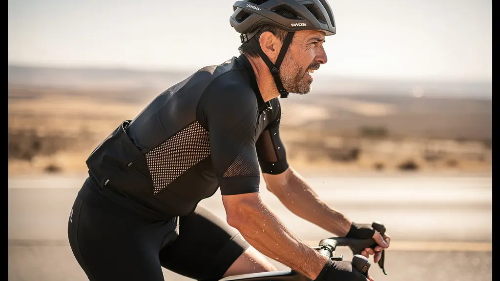 Cycliste sous forte chaleur avec tenue aéro montrant zones de ventilation