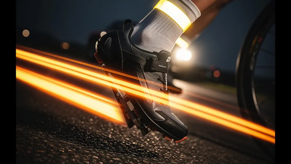 Gros plan sur les chevilles d'un cycliste avec bandes réfléchissantes en mouvement de pédalage