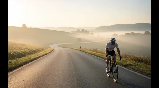 Cycliste en position aérodynamique sur route de campagne lors d'une sortie longue distance au lever du soleil