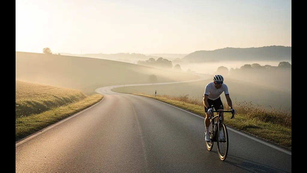 Cycliste en position aérodynamique sur route de campagne lors d'une sortie longue distance au lever du soleil