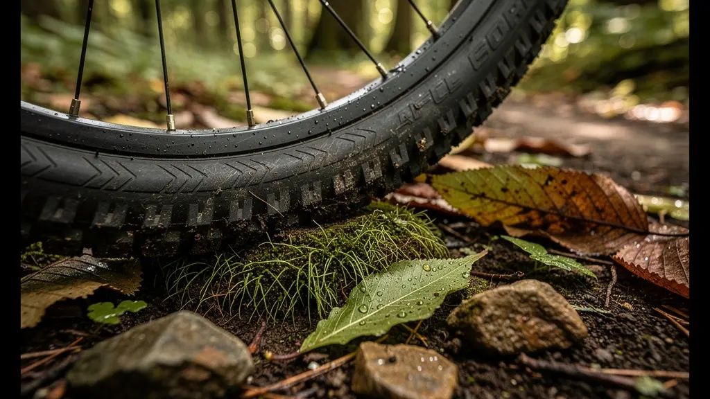 Vue macro de roue de vélo sur sentier forestier avec mousse et feuilles