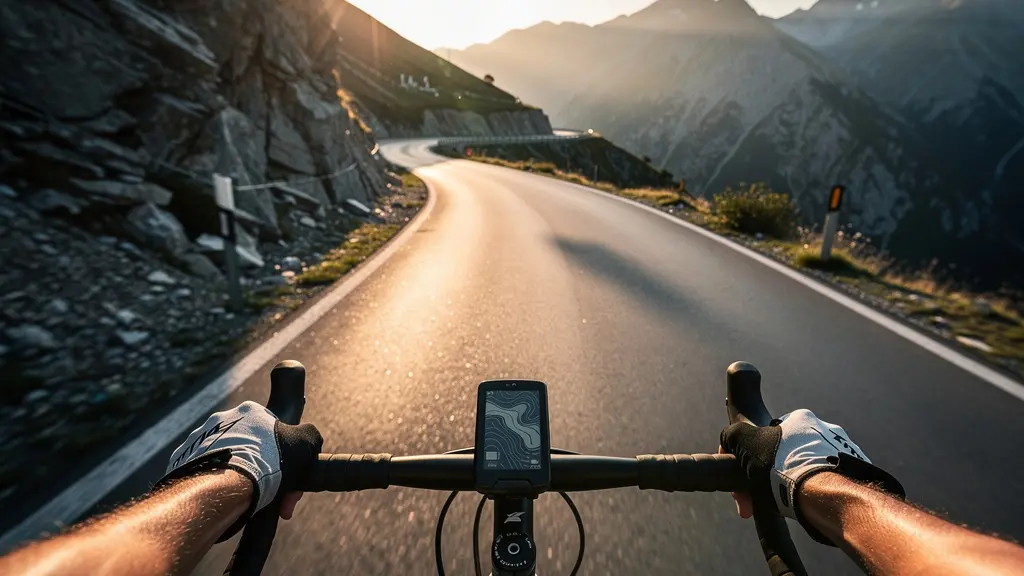 Cycliste gérant son effort sur route de montagne avec cardiofréquencemètre