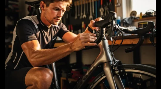 Cycliste ajustant la hauteur de sa selle avec un niveau à bulle