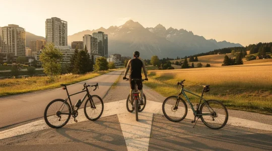 Cycliste senior regardant trois vélos différents sur fond de paysage mixte montagne et ville