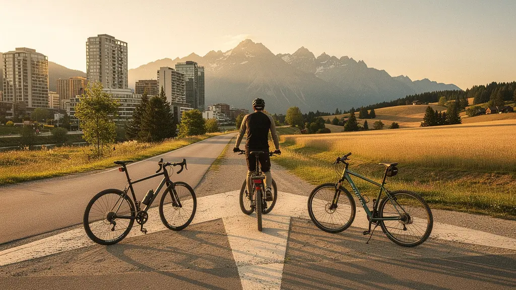 Cycliste senior regardant trois vélos différents sur fond de paysage mixte montagne et ville