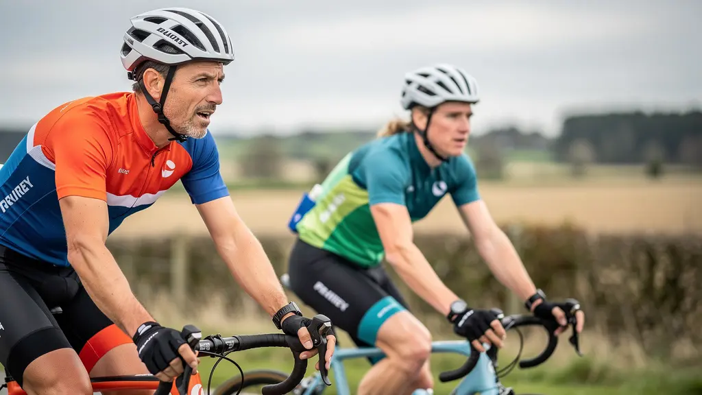 Deux cyclistes discutant en roulant côte à côte sur une route de campagne