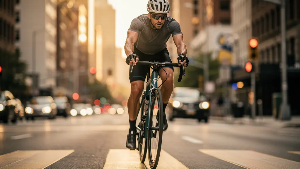 Cycliste en position aérodynamique sur vélo de ville effectuant un sprint dans une rue urbaine