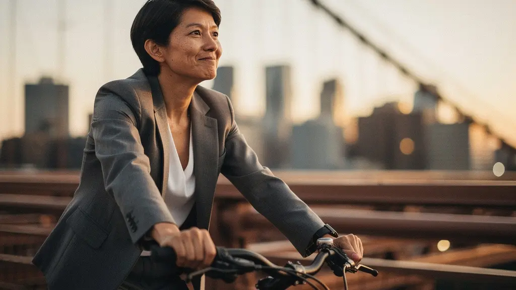 Cycliste traversant un pont urbain au coucher du soleil dans un moment de calme
