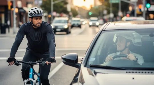 Cycliste établissant un contact visuel avec un automobiliste à une intersection urbaine