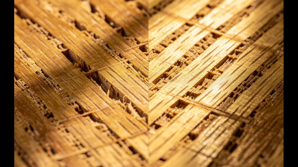 Détail macro du grain du bois après aérogommage montrant la texture ouverte