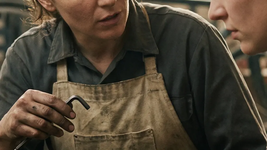 Deux personnes dans un atelier partagé : l'une explique un problème technique avec ses mains tandis que l'autre écoute, avec des outils flous en arrière-plan.