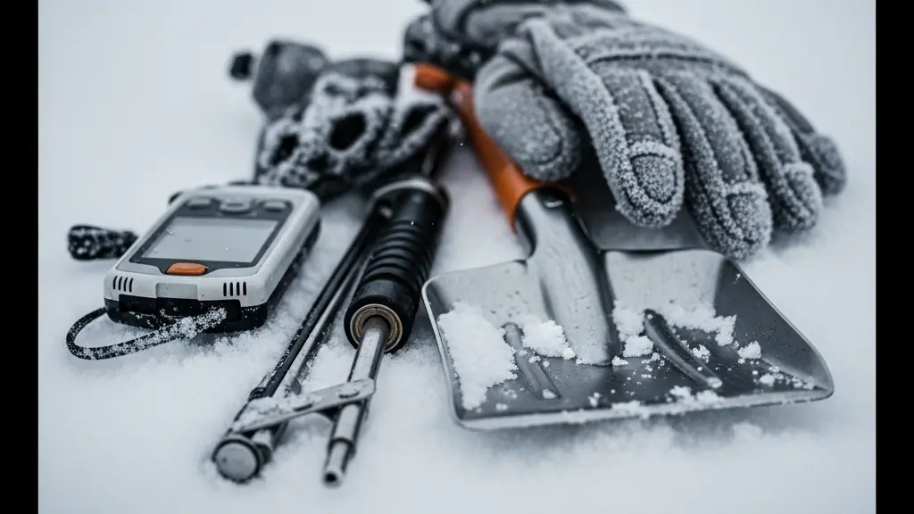 Gros plan d'un détecteur avalanche, d'une sonde et d'une pelle posés dans la neige, montrant les textures et l'usure du matériel.