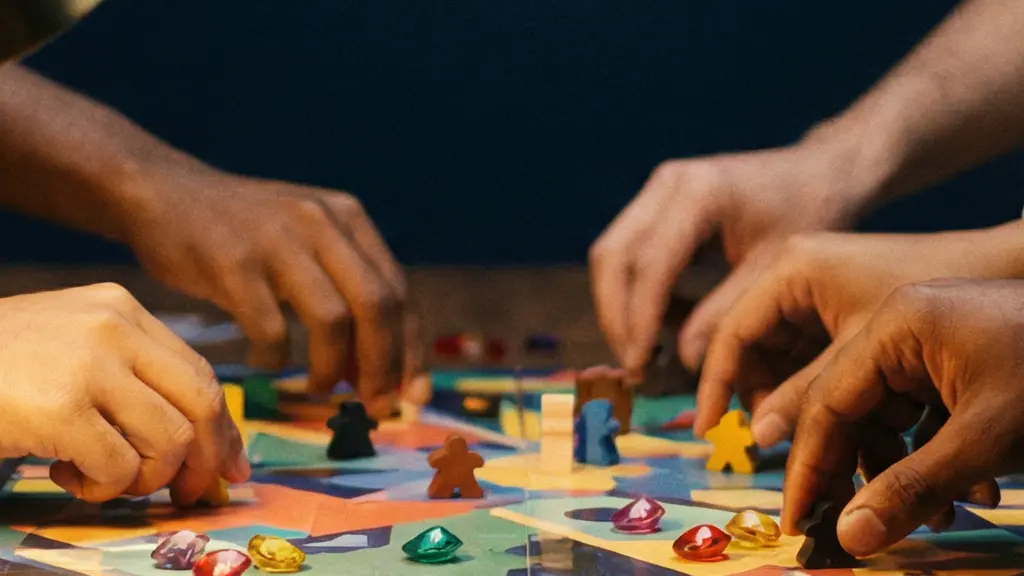 Plateau de jeu de société éclairé par une lampe à poser basse créant un effet de feu de camp, entouré de guirlandes lumineuses en arrière-plan flou