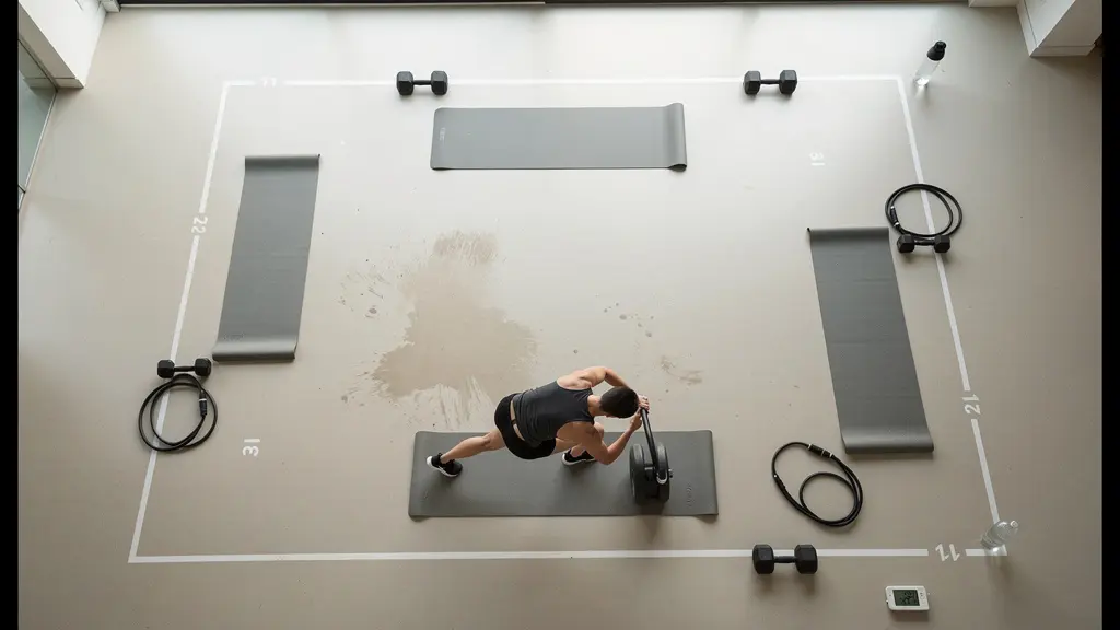 Vue aérienne d'une personne enchaînant pompes et squats sautés dans un circuit d'entraînement
