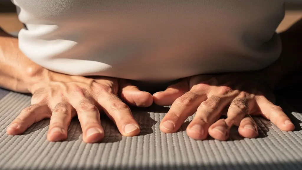 Vue rapprochée des mains placées sous les lombaires pendant un crunch, illustrant le test de contact du bas du dos au sol