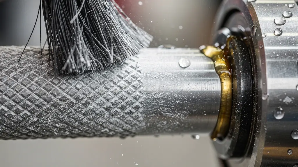 Vue macro détaillée d'un manchon de barre olympique en cours de nettoyage