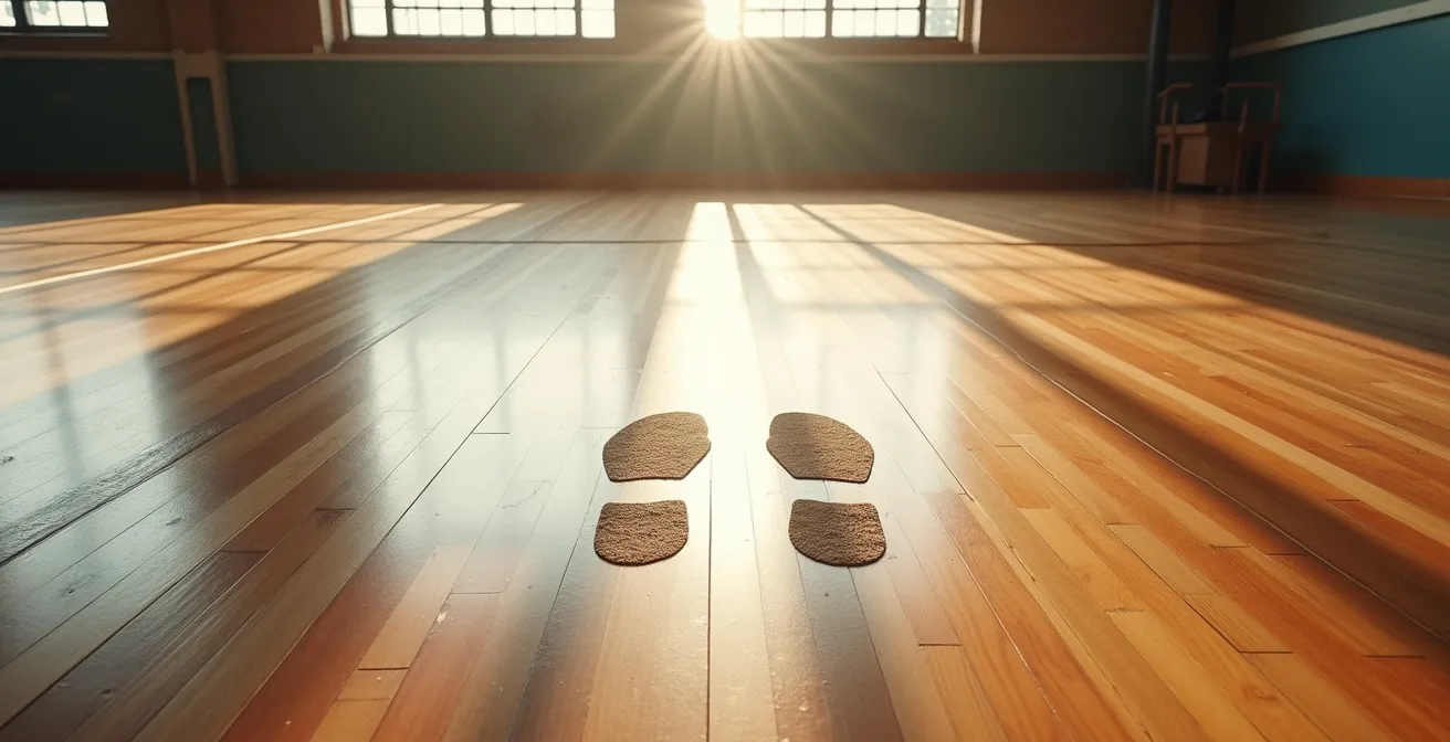 Vue aérienne de la position des pieds lors des fentes marchées, illustrant le concept des rails parallèles pour une meilleure stabilité.