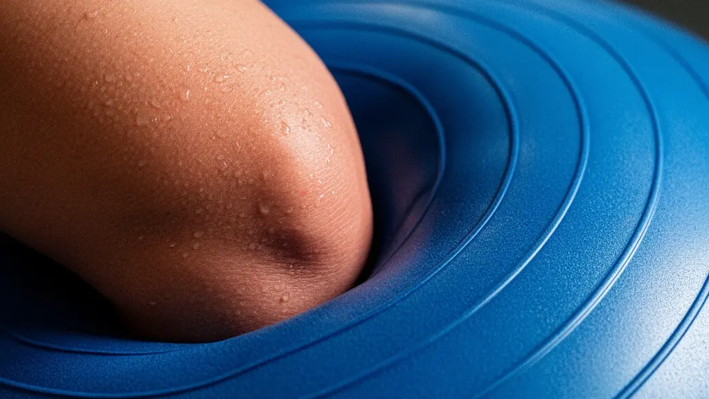 Gros plan macro sur la surface texturée d'un Swiss Ball déformée par la pression d'un genou, illustrant l'instabilité et l'engagement musculaire profond